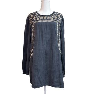 J.Jill Women Large Tunic Top Gray Gauze Embroidered Bohemian Casual Flowy Cotton